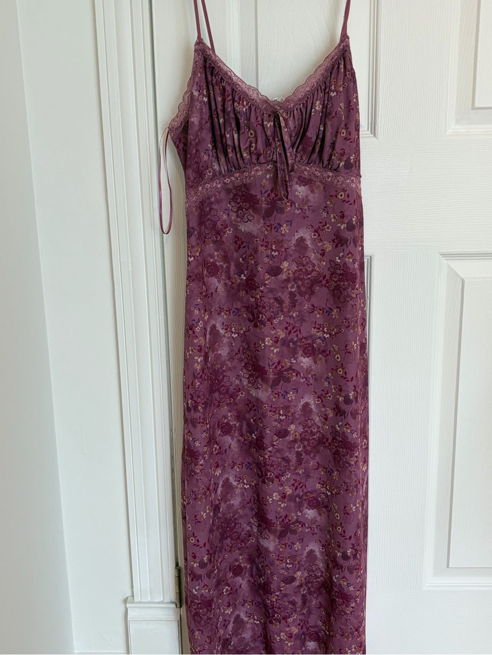 Plum Floral Satin Slip Midi Dress with Lace Trim